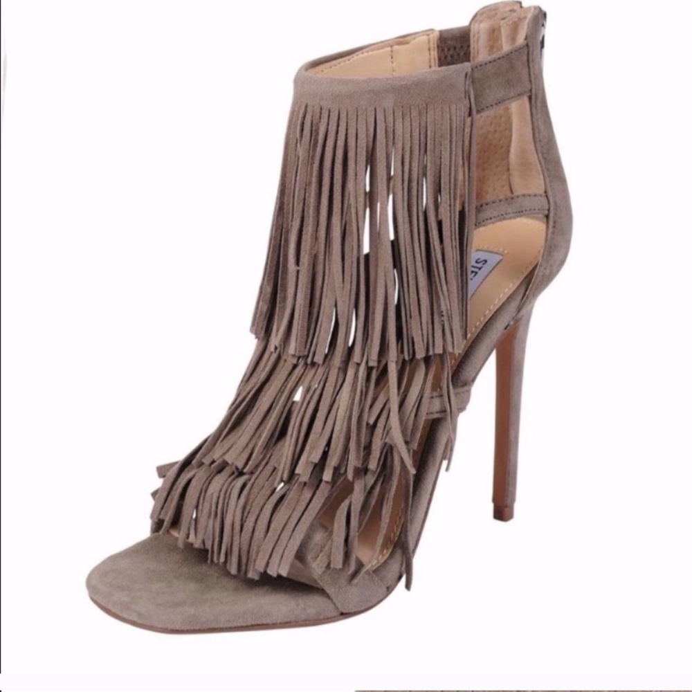 NWOB FOREVER 21 BOHO BROWN SUEDE LEATHER FRINGE BOHO HIGH HEELS 9